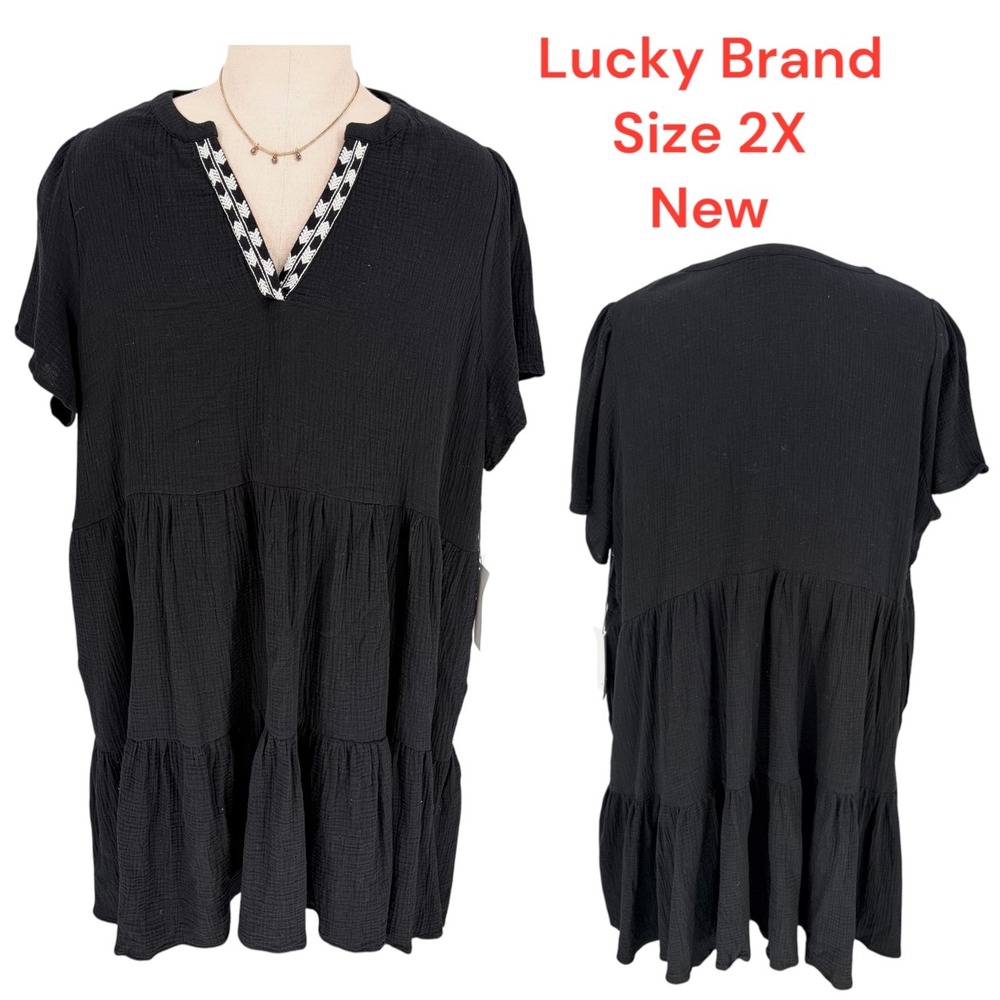 Lucky Brand Dress 2X Black Embroidered Split Neck Tiered Cotton Gauze New